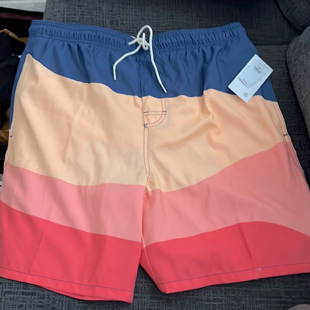 BNWT, Old Navy Mens Swim Trunks, size Large, stripped navy, yellow, orange, pink